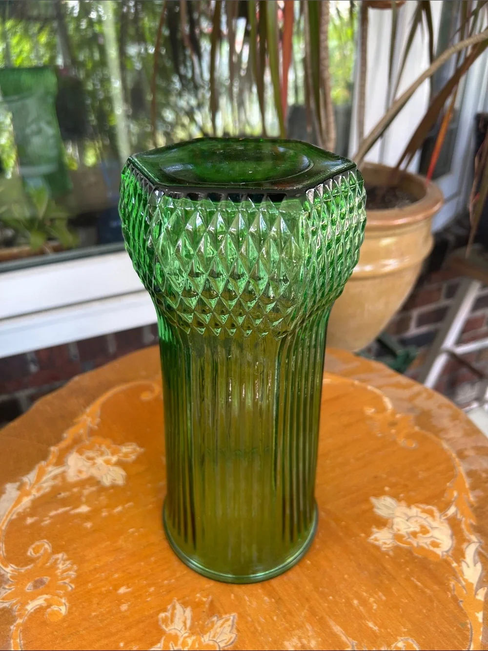 Vintage Green Ribbed Glass Vase